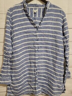 Garnet Hill Easy Linen Tunic Top Button Up Long Blue White Large